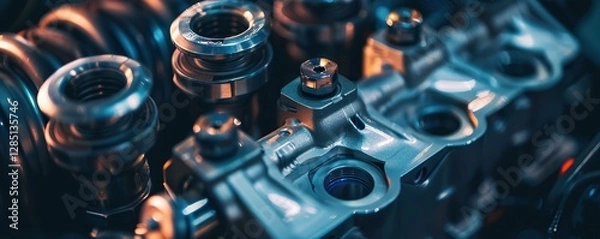 Fototapeta Detail of a high performance car engine with visible pistons and valves