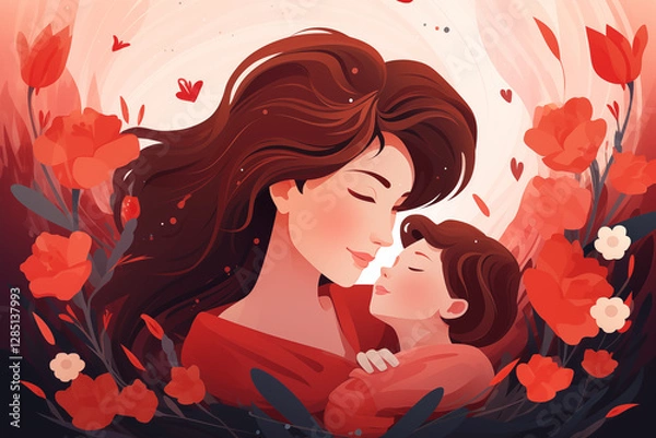 Obraz Tender moment features mother holding her child close, both with serene expressions. They enveloped by vivid flowers and hearts, symbolizing love and connection.