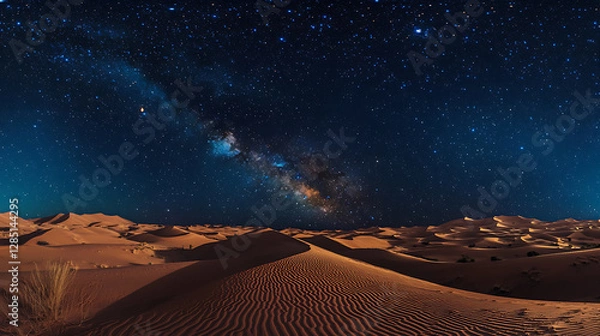 Fototapeta A vast, starry desert sky stretching above rolling sand dunes at night 