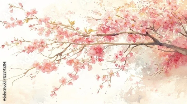 Fototapeta A delicate watercolor painting of cherry blossom branches in soft pink hues.