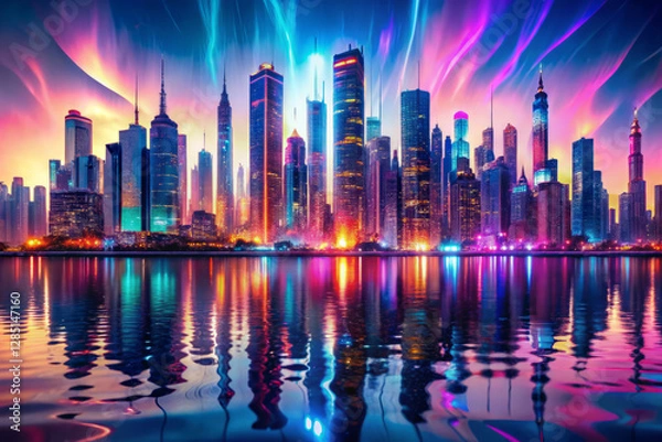 Fototapeta Vibrant cityscape with skyscrapers reflecting in water, colorful lights