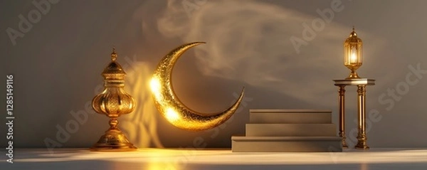 Fototapeta Golden crescent moon and ornate lamps in soft light display