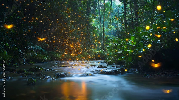 Fototapeta Fireflies dance above a tranquil river flowing through a dense, misty rainforest 
