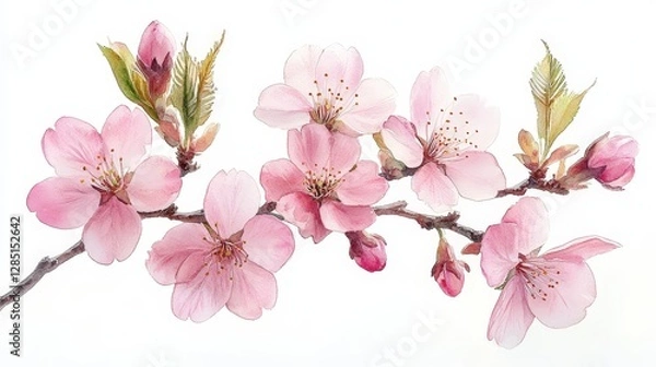 Fototapeta A delicate watercolor painting of cherry blossoms on a branch, showcasing nature's beauty.