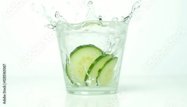 Fototapeta Cucumber Slices Splashing Water Refreshing Drink Glass High Quality