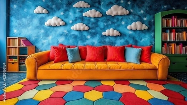 Fototapeta A brightly colored interior design features a sofa and a cloud filled wall
