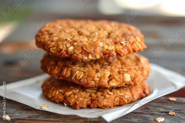 Obraz Stack of Anzac biscuits, sweet, crunchy cookies made from oats, flour, coconut, sugar, butter, golden syrup, and baking soda