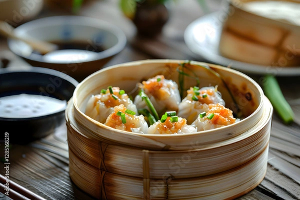 Obraz  Dim Sim – minced meat and vegetables wrapped in a dough, commonly enjoyed with soy sauce, Australian favorite.