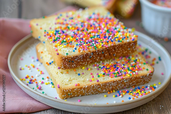 Obraz Slices of fairy bread or white bread slices spread with butter and sprinkled with colorful sugar sprinkles, a nostalgic children's party treat in Australia.