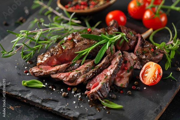 Obraz Grilled kangaroo steak meat served with native herbs, bush tomato chutney, and seasonal vegetables, Australian cuisine