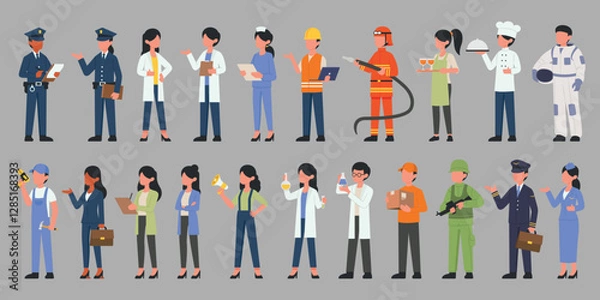Fototapeta Group of various occupations people character flat graphic vector illustration