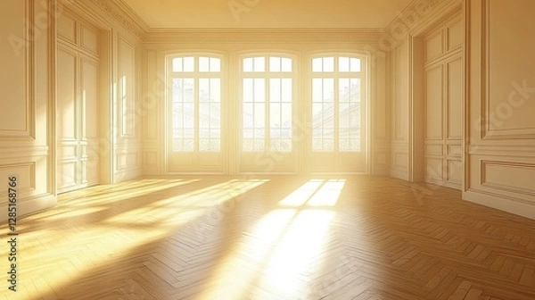 Fototapeta Sunlight fills an empty bright room with three large windows