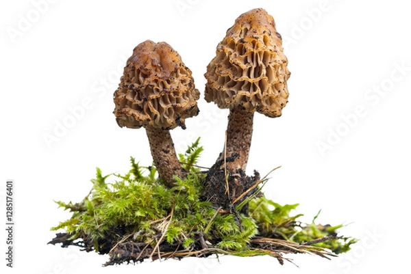 Obraz Unique Morchella Mushrooms Growing on Lush Green Moss in Natural Habitat