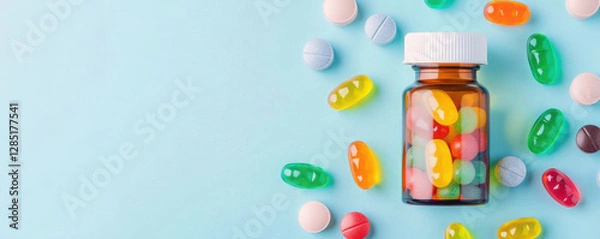 Fototapeta Colorful gummy chewable supplements in bottle surrounded by various pills, creating vibrant and appealing display