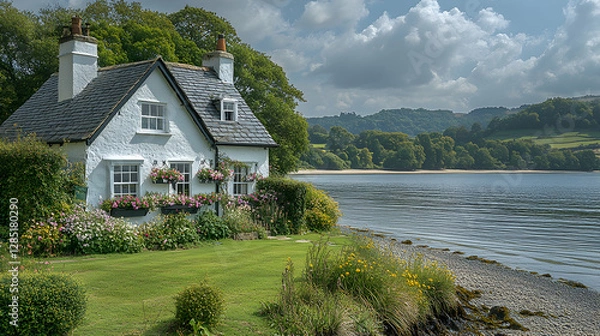 Fototapeta Charming cottage by river, sunny day