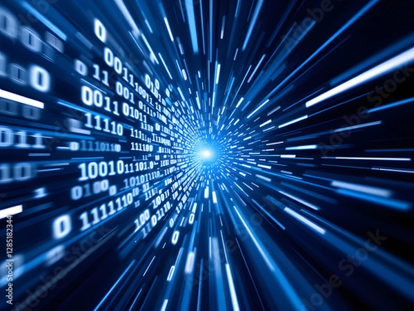 Fototapeta Futuristic digital scene with binary code streaming at high speed, radiating blue light and dynamic motion.