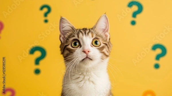 Fototapeta Curious Kitten Staring at Colorful Question Marks on Bright Yellow Background Symbolizing Wonder and Inquiry in Feline Expression and Playful Mood