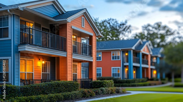 Obraz Colorful apartment complex at twilight