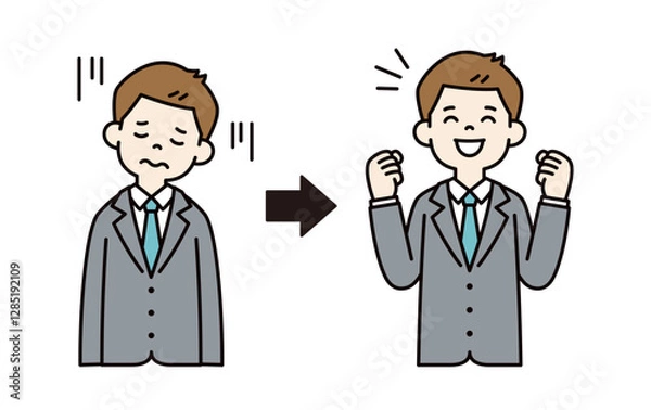 Fototapeta 落ち込んだ表情と元気になった表情の、若いビジネスマンのベクターイラスト素材＿線幅の編集可能＿カラー