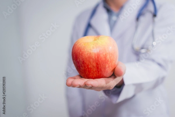 Fototapeta A male doctor stands holding an apple against a white background, promoting healthy eating educates patients on nutrition, wellness, disease prevention through a balanced diet and medical expertise