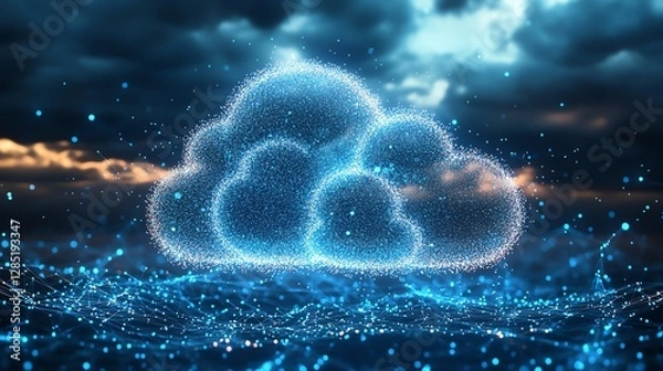 Fototapeta Futuristic cloud computing scene, large cloud formed by small dots, interconnected with network lines, symbolizing digital data flow and global technology integration