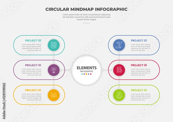 Fototapeta circular mind map infographic outline style with 6 point template with big circle centered with round rectangle stacked for slide presentation