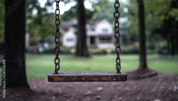 Fototapeta Solitary Swing: A Rustic Chain Swing Set Against a Blurred Green Backyard
