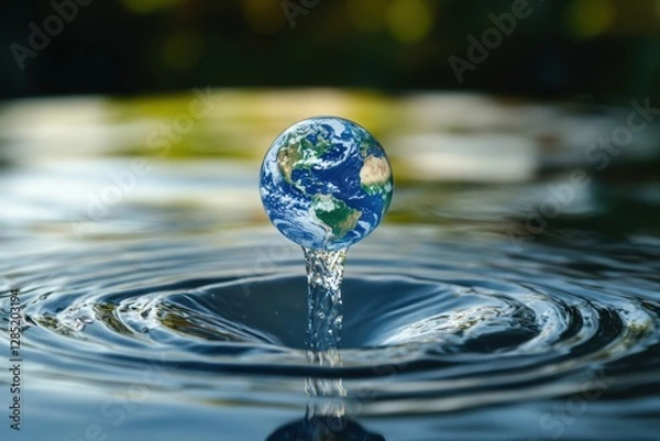 Fototapeta Earth globe floating inside a drop of water illustrating environmental awareness and conservation natural waterscape close-up view sustainable concept
