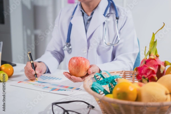 Fototapeta A male nutritionist works at his desk, discussing the benefits of eating fruit. He analyzes diets and educates patients on healthy eating habits for optimal health and well-being