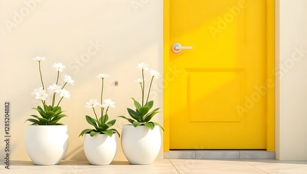 Fototapeta Minimalist potted white flowers sitting near a contemporary yellow door with clean lines and a modern look