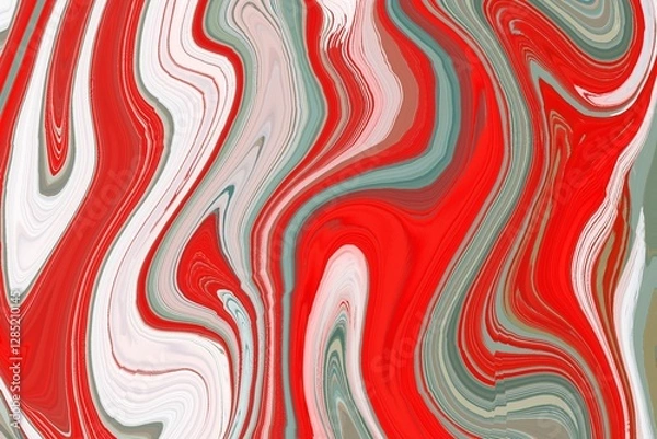 Fototapeta A bold abstract fluid art pattern featuring dynamic swirls of red, white, and muted green, creating a striking marbled effect with a sense of movement and energy.