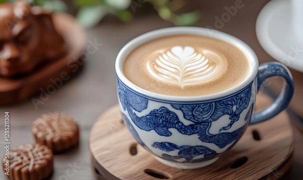 Fototapeta A warm latte with cute latte art in a blue-white ceramic cup. Generative AI