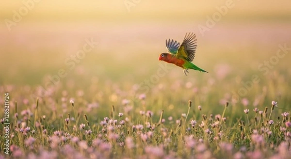 Obraz Lovebird in Flight: A Colorful Parrot Soaring Above a Field of Flowers