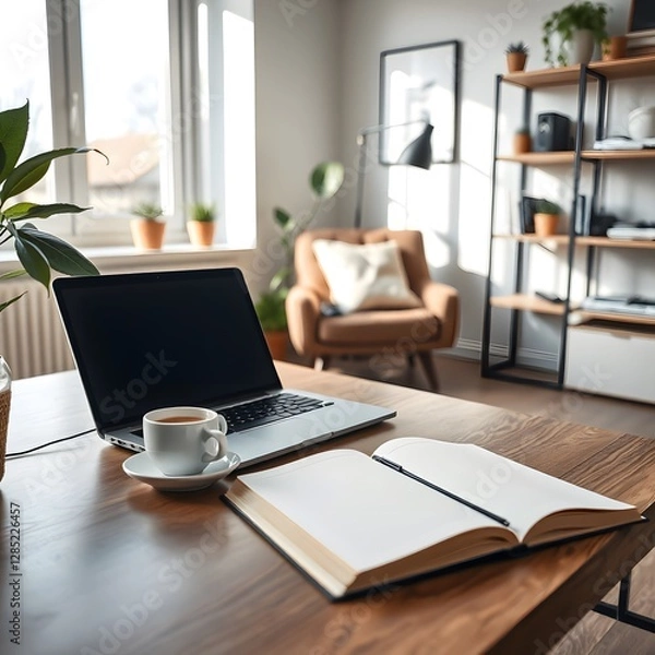 Fototapeta A cozy and organized home office with a laptop, notebook, and cup of coffee. Soft natural light fills the space, surrounded by minimalist decor and plants, creating the perfect remote work environment
