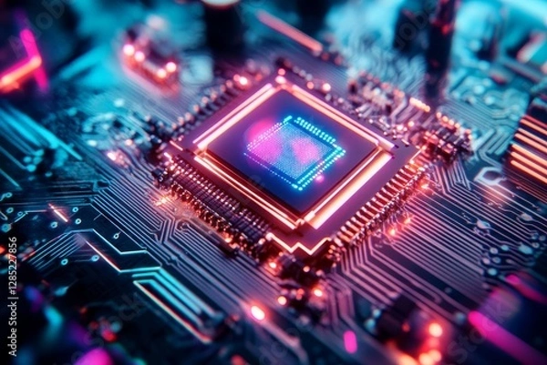 Obraz Colorful Electronic Chip on Circuit Board with Bright Neon Lights