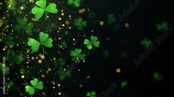 Fototapeta Mystical Glowing Green Shamrocks on Elegant Black Background with Golden Light and Sparkles, Festive St. Patrick's Day Design with Copy Space