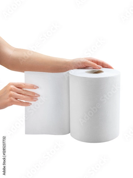 Fototapeta A woman's hands are holding 2 rolls of paper towels on a white background. Vertical photo. Front view