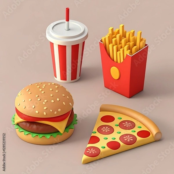 Obraz A burgar,cool drink ,piza and potato chips in one frame