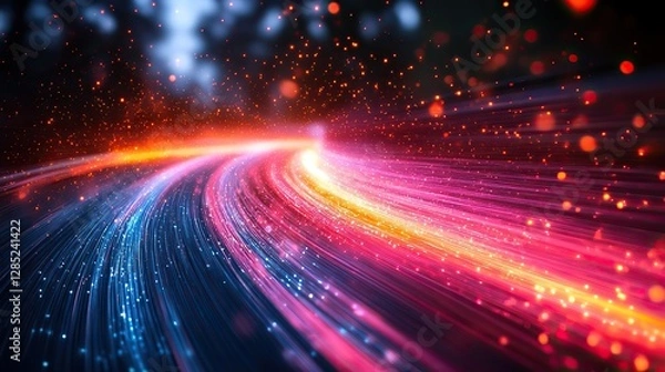 Fototapeta A dynamic image of fiber optic cables emitting vibrant colors and light trails showcases technology and speed in a visually striking manner.