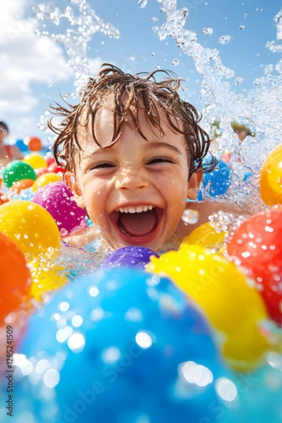 Fototapeta Happy child playing with colorful balls in pool