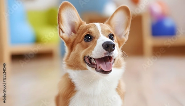 Fototapeta Happy corgi dog indoors, playful mood, blurred background, pet adoption