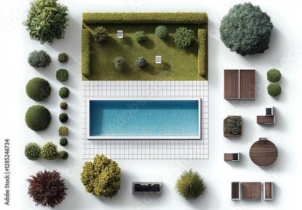 Fototapeta Beautiful landscaping featuring trees, benches, and garden elements.