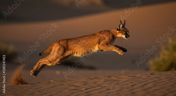 Obraz Caracal Leaping Across Sand Dune in Desert Landscape at Golden Hour