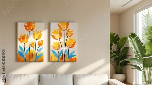 Fototapeta A modern and stylish living room with a beige sofa, large green indoor plants, and two vibrant floral paintings with yellow and blue flowers, creating a cozy and aesthetically pleasing atmosphere.

