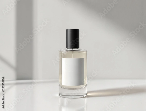 Fototapeta Perfume bottle mockup with a transparent glass body and a matte black cap, standing on a reflective white surface.