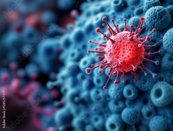 Obraz Single aggressive cancer cell in vivid red, surrounded by normal cells in soft blue, representing mutation and invasion.
