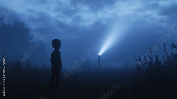 Fototapeta Mysterious Child in Foggy Field at Night Watching a Flashlight Beam