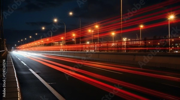 Fototapeta Neon motion light trail at full speed against the background of a big city highway, abstract glowing line movement of speeding vehicles