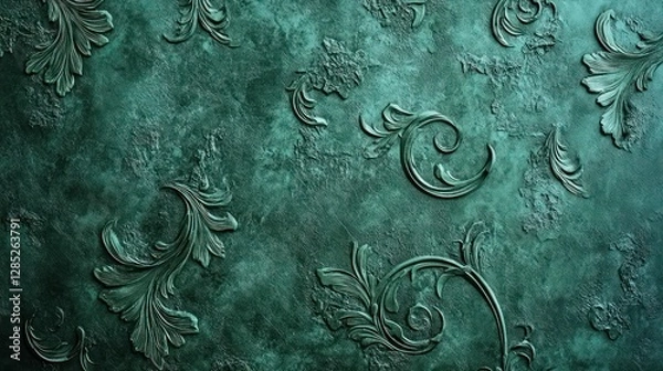 Fototapeta Elegant Green Embossed Wall Design Featuring Floral Patterns and Texture