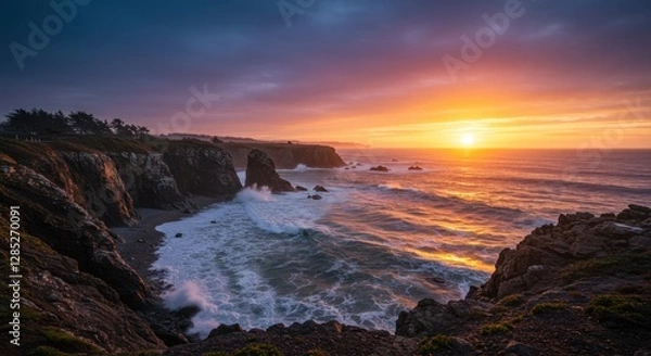 Obraz Coastal Sunset Scene with Cliffs, Ocean Waves, and Colorful Sky